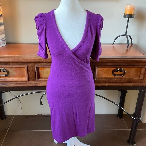 wet seal purple dress Wet Seal Body Con Ruched-Sleeve, Stretch Midi Dress. Purple Size M